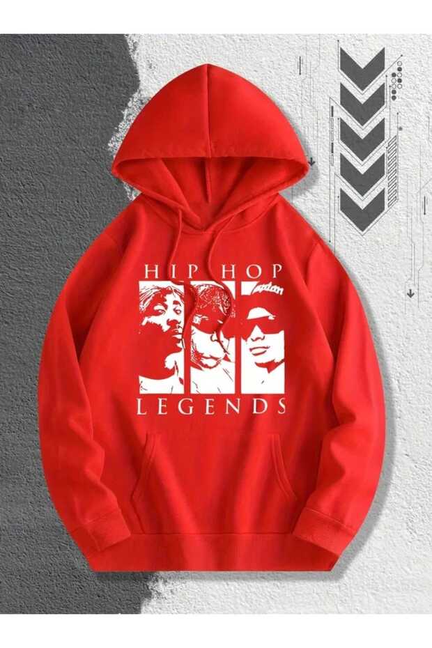 سويت شيرت أحمر بقلنسوة مطبوع عليه Legends of Hip Hop مع جيوب من الصوف من الداخل