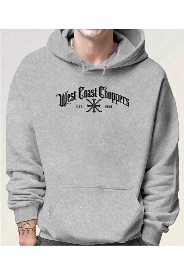 West Coast Choppers Printed Hooded Pocket Cotton Gray Sweatshirt