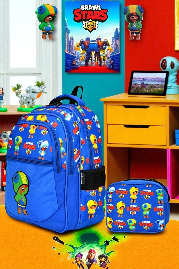 Brawl Stars Primary School Bag Boys Neon Character Nutrition Backpack Orthopedic Waterproof 3 Compartments with Water Bottle