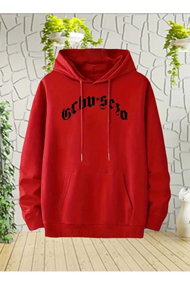 Schw Zeo Printed Hooded Pocket Cotton Red Sweatshirt