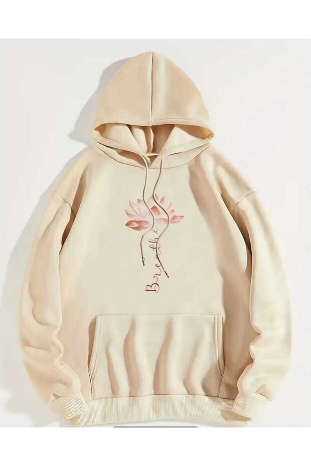 Breathe Floral Printed Hooded Pocket Cotton Beige Sweatshirt