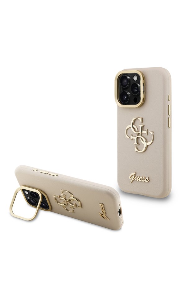 iPhone 16 Pro Compatible Case Original Licensed Grained Text Logo Camera Stand Cover Beige