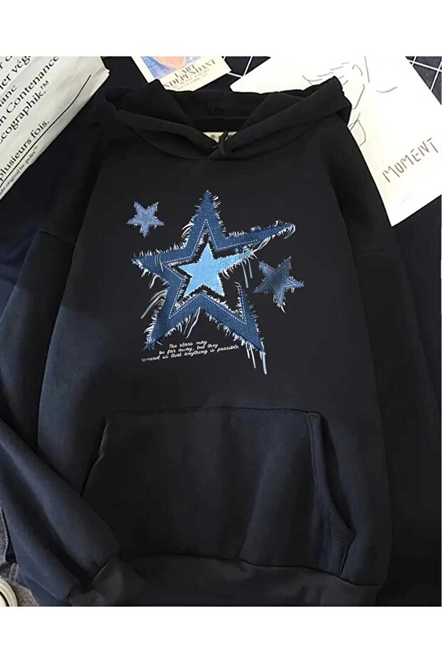 Star Denim Hoodie Printed Hooded Pocket Inside Wool Black Sweatshirt