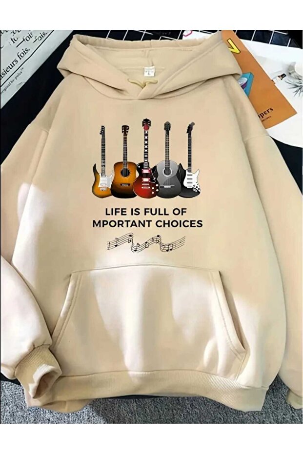 Guitar Instrument Printed Hooded Beige Sweatshirt with Pocket and Wool Inside