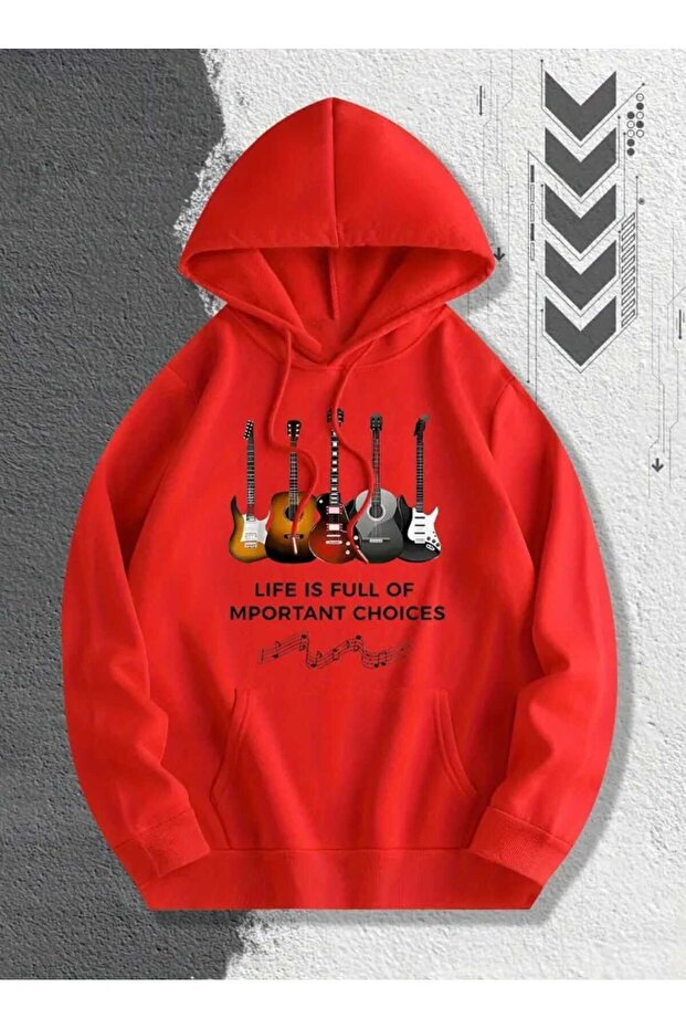 Guitar Instrument Printed Hooded Pocket Red Sweatshirt with Wool Inside