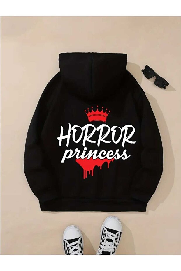 Horror Princess Back Printed Hooded Pocket Cotton Black Sweatshirt