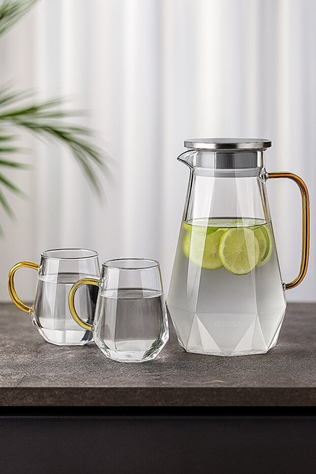 5 Parça Cam Sürahi ve Bardak Seti – Metal Kapaklı 1500 ml Sürahi + 4 Adet 350 ml Bardak - 5