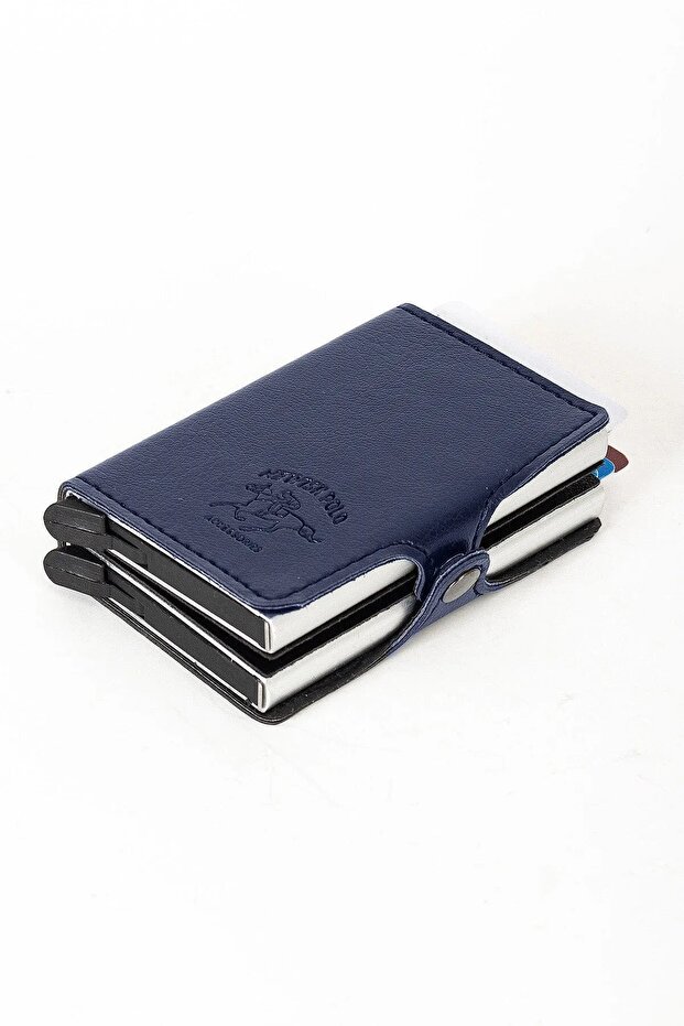 Navy Blue Leather Rfid Aluminum Dual Mechanism Card Holder and Wallet
