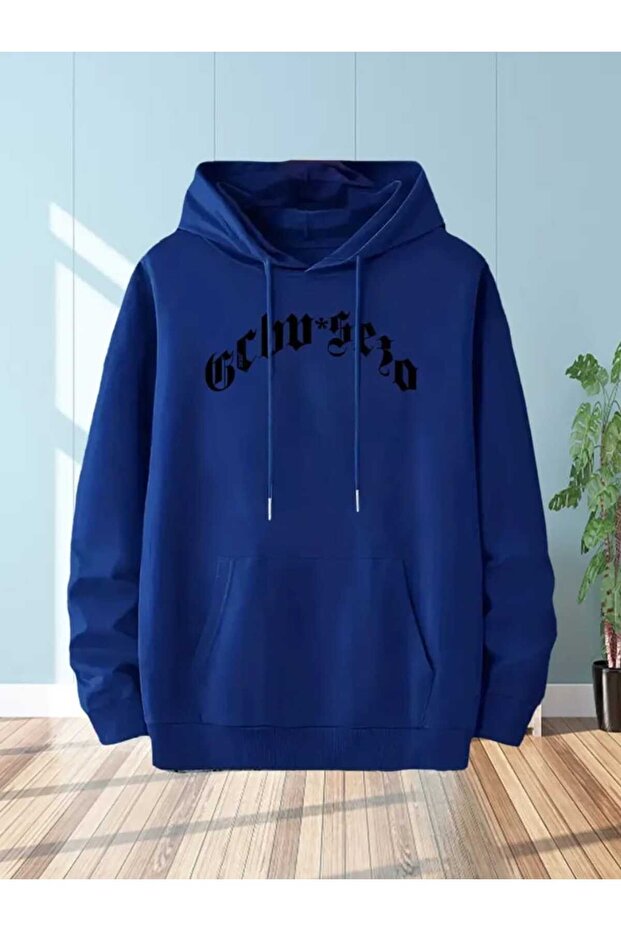 Schw Zeo Printed Hooded Pocket Cotton Cobalt Blue Sweatshirt