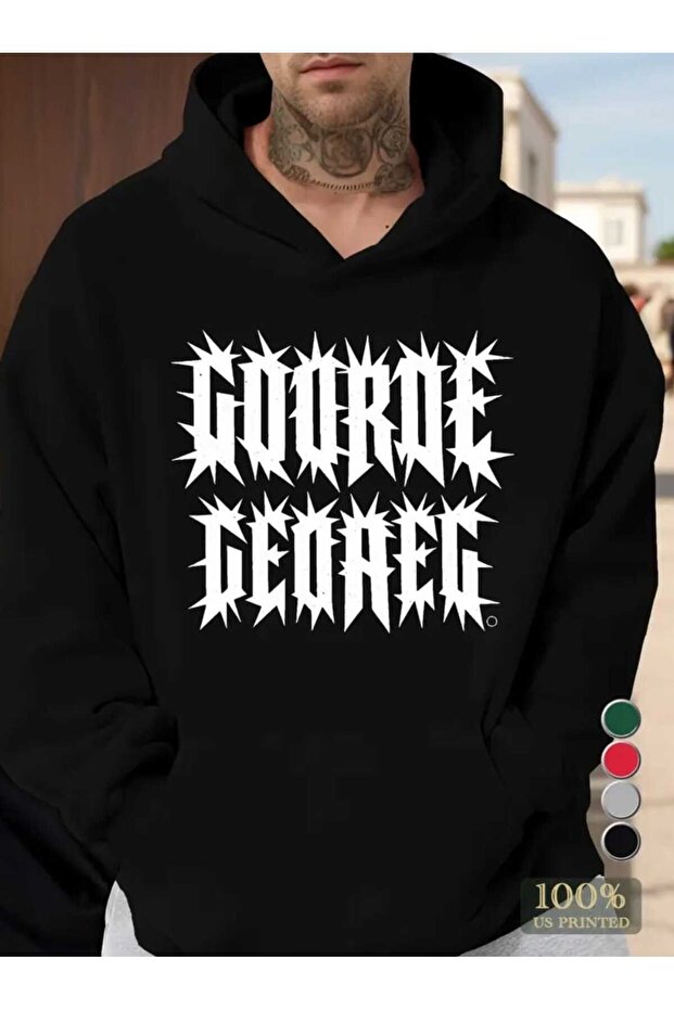 Gooroe Geoaeg Printed Hooded Pocket Inside Wool Black Sweatshirt