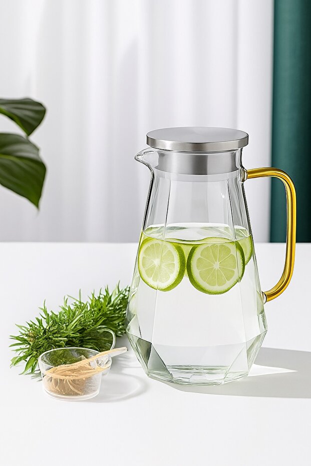 5 Parça Cam Sürahi ve Bardak Seti – Metal Kapaklı 1500 ml Sürahi + 4 Adet 350 ml Bardak - 8