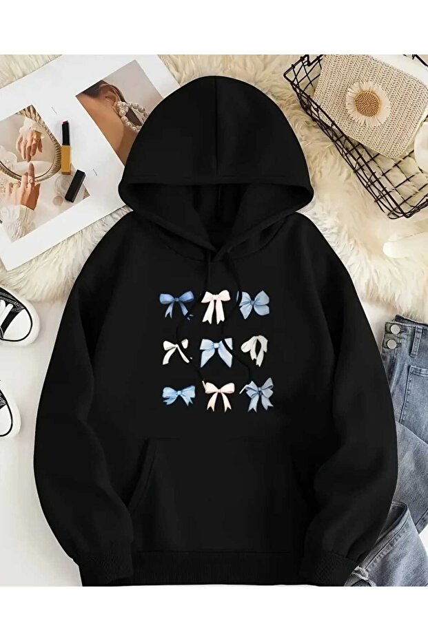 Blue and White Ribbons Printed Hooded Pocket Cotton Black Sweatshirt