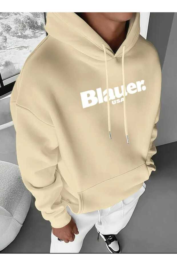 Blauer Usa Printed Hooded Pocket Cotton Beige Sweatshirt