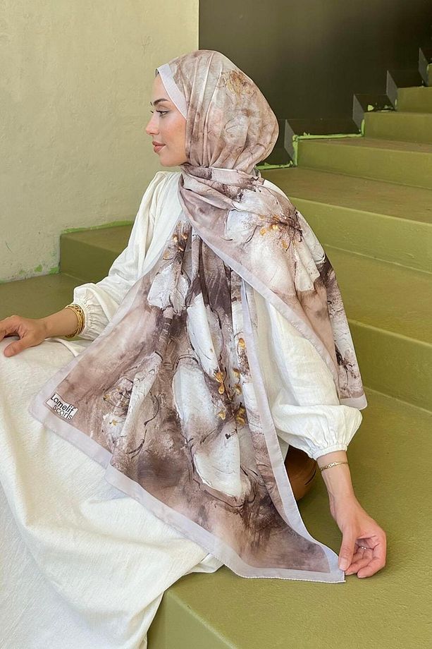 Bohem Çiçek Desen Soft Şal vizonrengi - 4