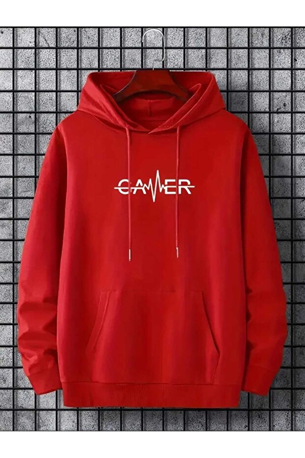 Gamer Printed Hooded Pocket Cotton Red Sweatshirt