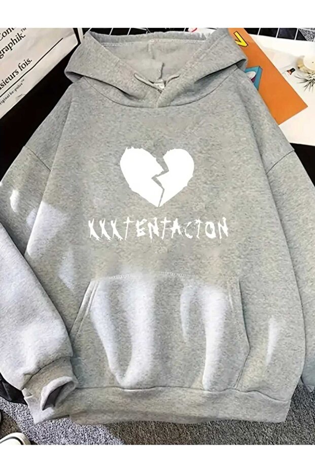 Xxx Tentacion Printed Hooded Pocket Inside Wool Gray Sweatshirt