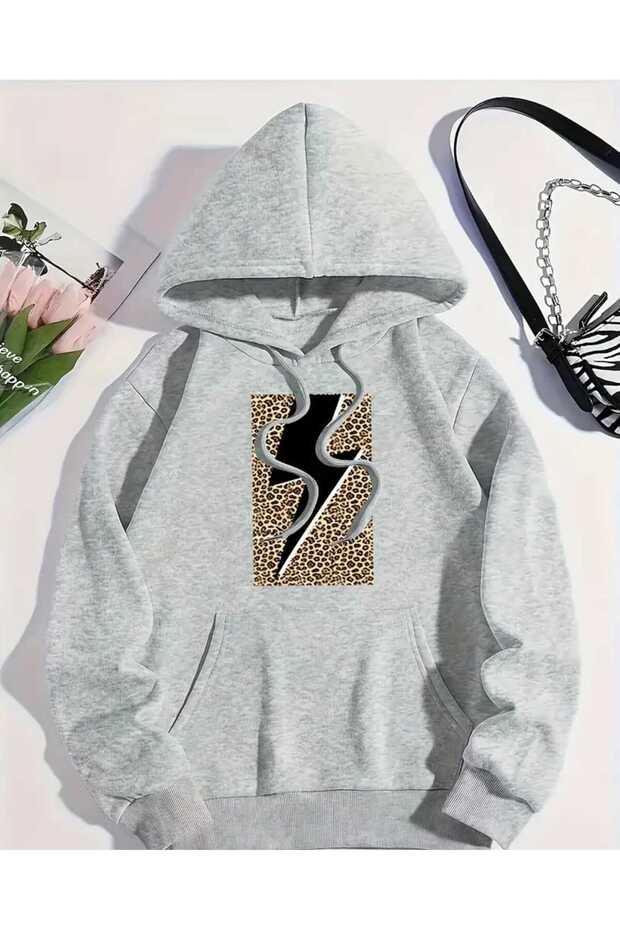 Leopard Patterned Lightning Printed Hooded Pocket Gray Sweatshirt with Wool Inside