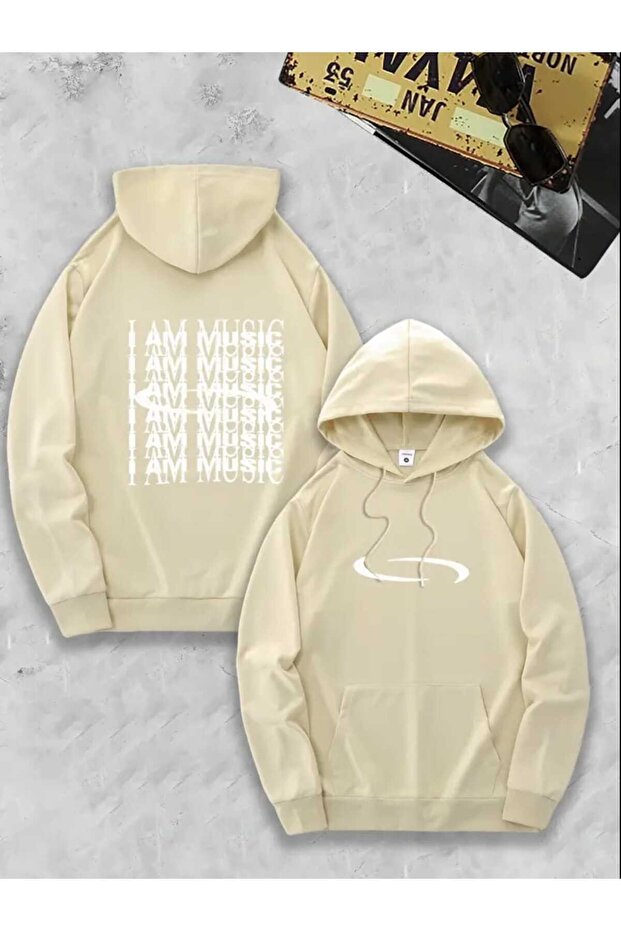 I Am Music Back Printed Hooded Pocket Cotton Beige Sweatshirt