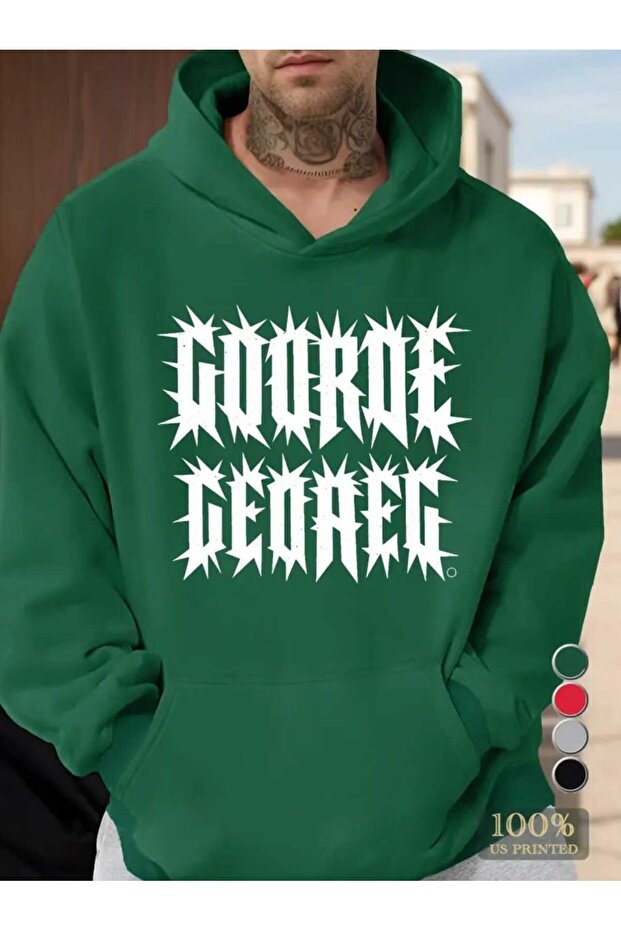 Gooroe Geoaeg Printed Hooded Pocket Inside Wool Green Sweatshirt