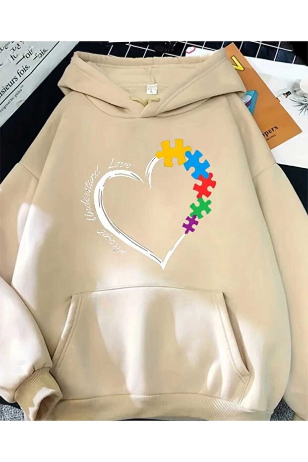 Puzzle Heart Printed Hooded Pocket Cotton Beige Sweatshirt