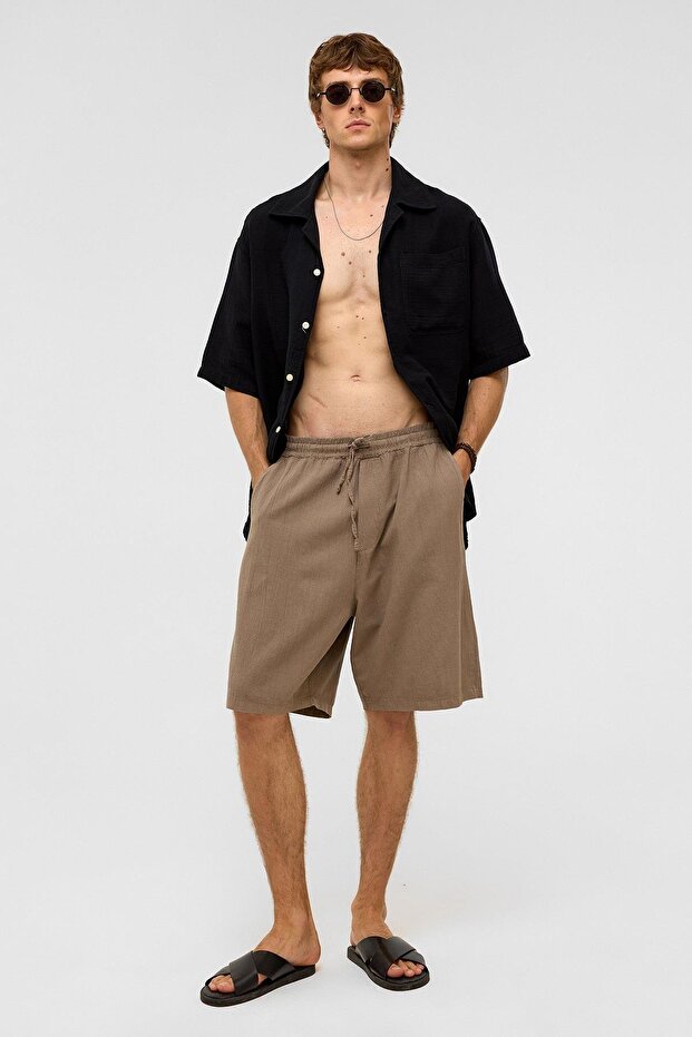Oversize Keten Şort Kahve - 8