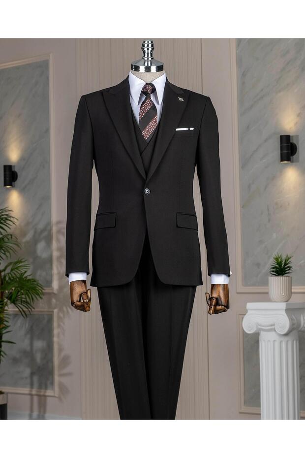 Italian Style Slim Fit Jacket Vest Pantalon Suit Black T13960
