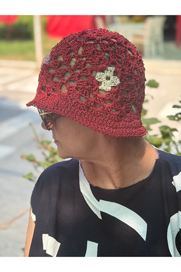 El Yapımı Kağıt İpten Motifli Bucket Şapka – Yazlık Örgü Model - 4