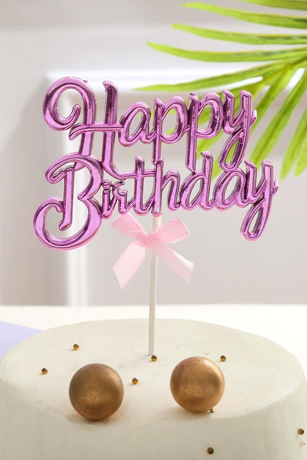 Fuchsia Color Happy Birthday Written Cake Decoration