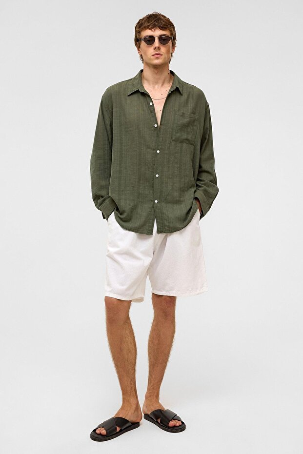 Oversize Striped Long Sleeve Linen Shirt Khaki