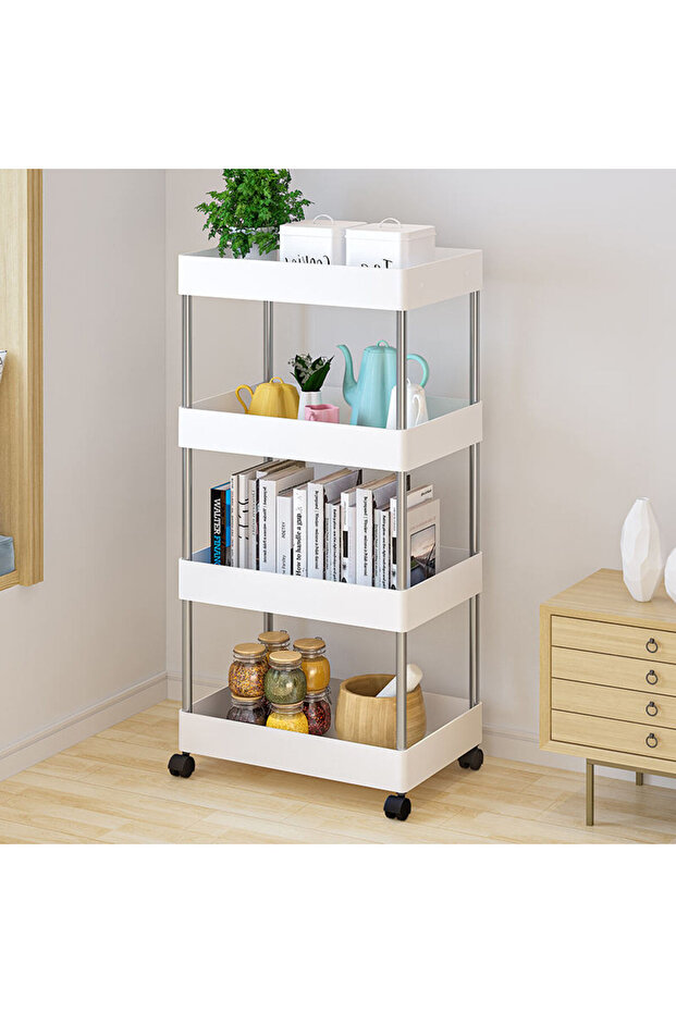 4 Layer Kitchen Storage Trolley Rack with Caster Wheels Plastic Kitchen Cabinet