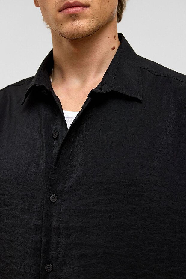 Basic Oversize Kısa Kollu Modal Gömlek Siyah - 6