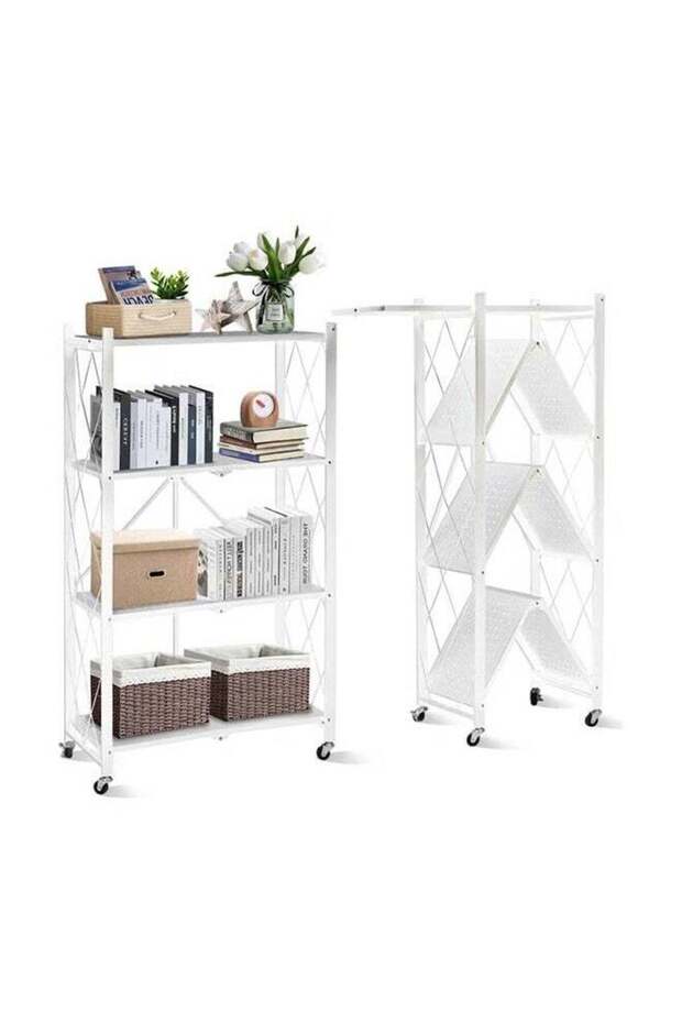 4-Layer Foldable Storage Rack With Wheels, Mobile Utility Trolley, Kitchen Office Organizer, White