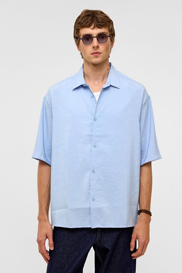 Basic Oversize Kısa Kollu Modal Gömlek Bebe Mavi - 2