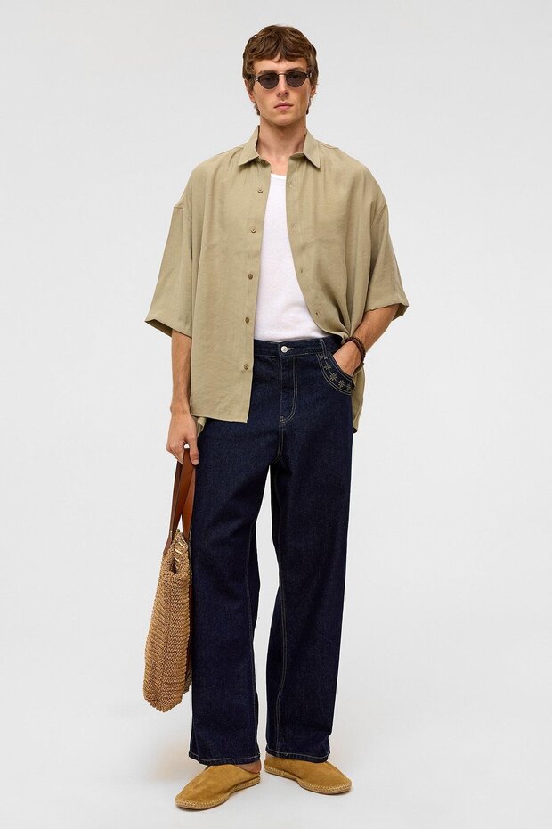 Basic Oversize Kısa Kollu Modal Gömlek Haki - 1