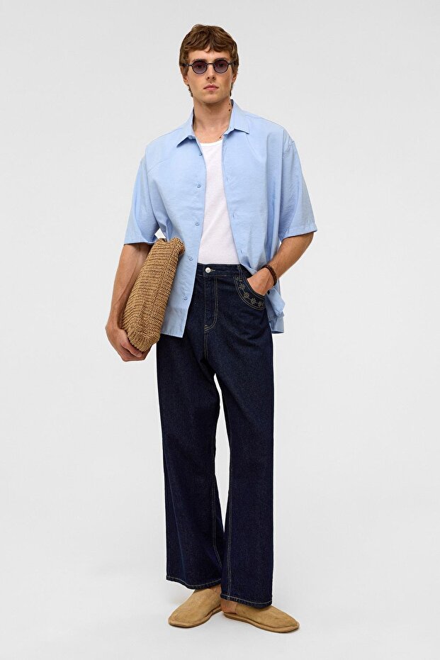 Basic Oversize Kısa Kollu Modal Gömlek Bebe Mavi - 1