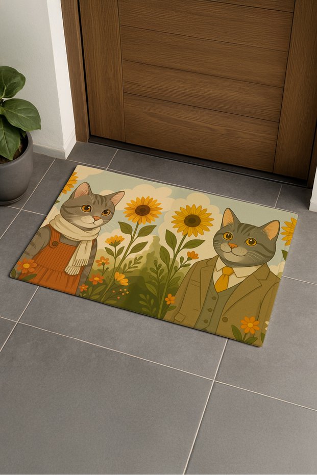 Vintage Style Ghibli Cat Pair and Sunflower Door Mat