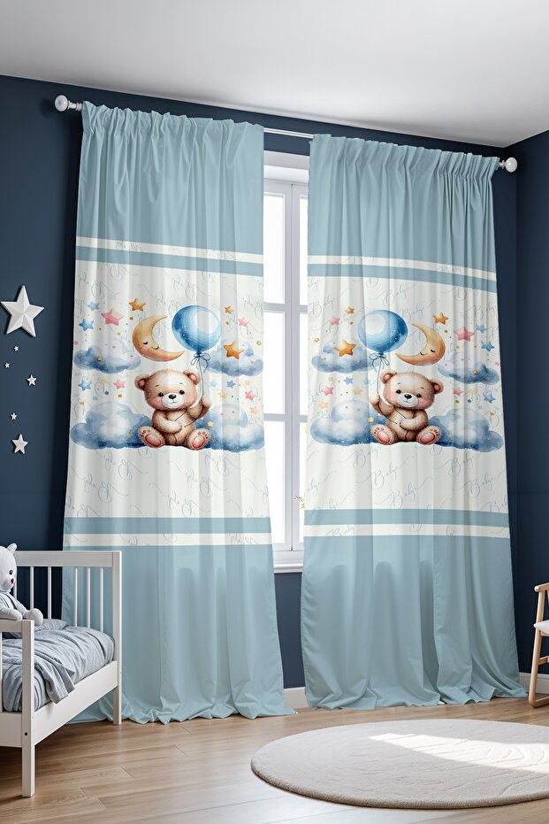 Teddy Bear in Blue Clouds Patterned Children's Baby Room Background Curtain (Single Wing Pricing)