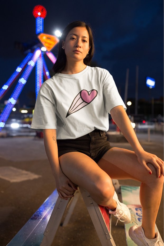 Men/Women Flashing Heart Transfer Printed Round Neck Short Sleeve T-Shirt