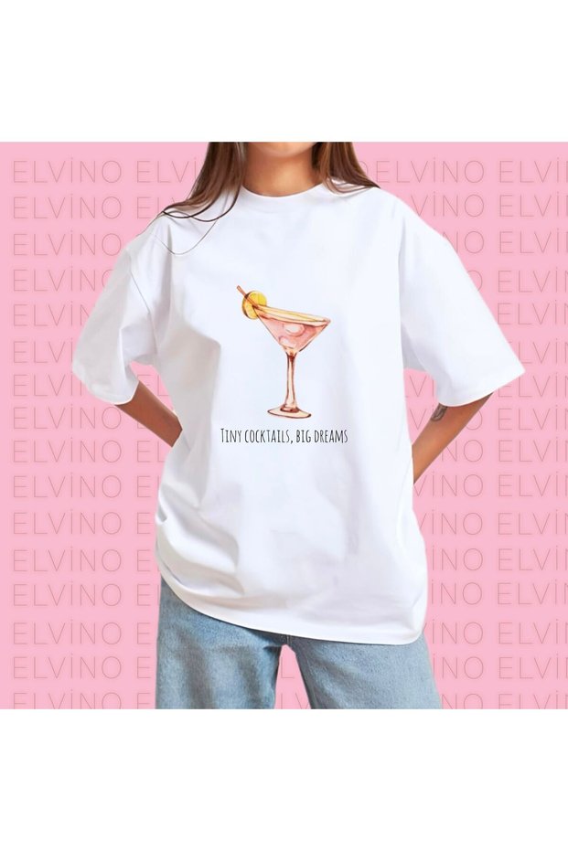 Cocktail Printed Crew Neck Cotton White Women'S/Men's Unisex Oversize Tshirt