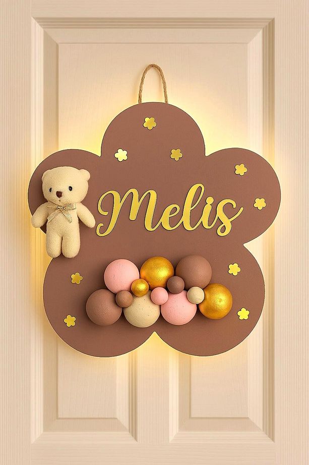Bubble Ayıcıklı Ledli Çiçek Bebek Kapı Süsü - Hastane Bebek Kapı Süsü - 1