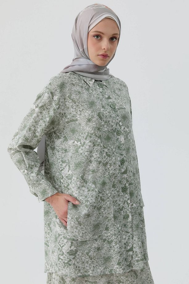 Multi Çiçek Desenli Aplike Cepli Tunik - Mint - 3