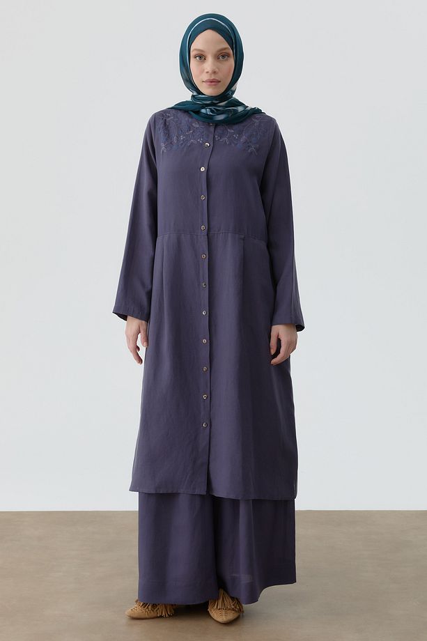 Omuz Nakış Detaylı Uzun Tunik - İndigo - 3