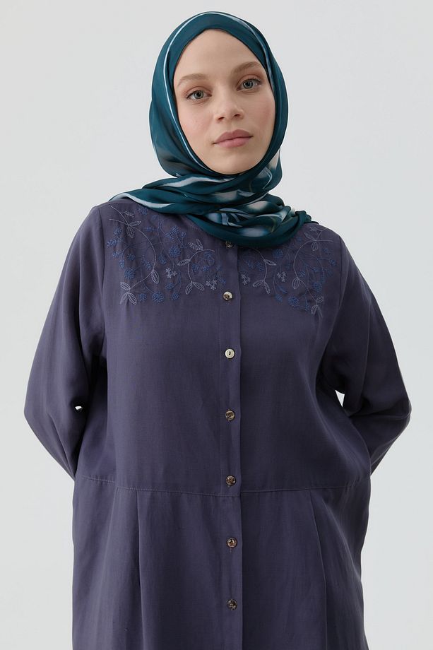 Omuz Nakış Detaylı Uzun Tunik - İndigo - 5