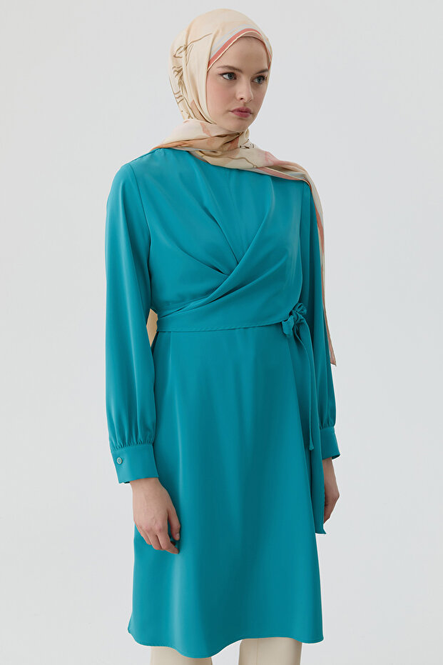 Drapeli Belden Bağlamalı Tunik - Aqua - 4