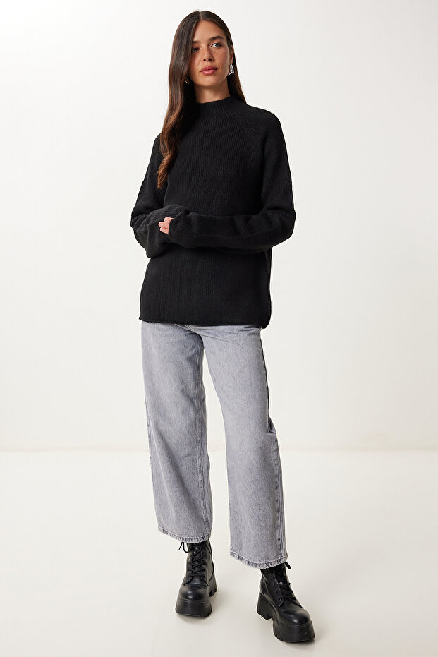 Kadın Siyah Basic Oversize Triko Kazak MX00237 - 3