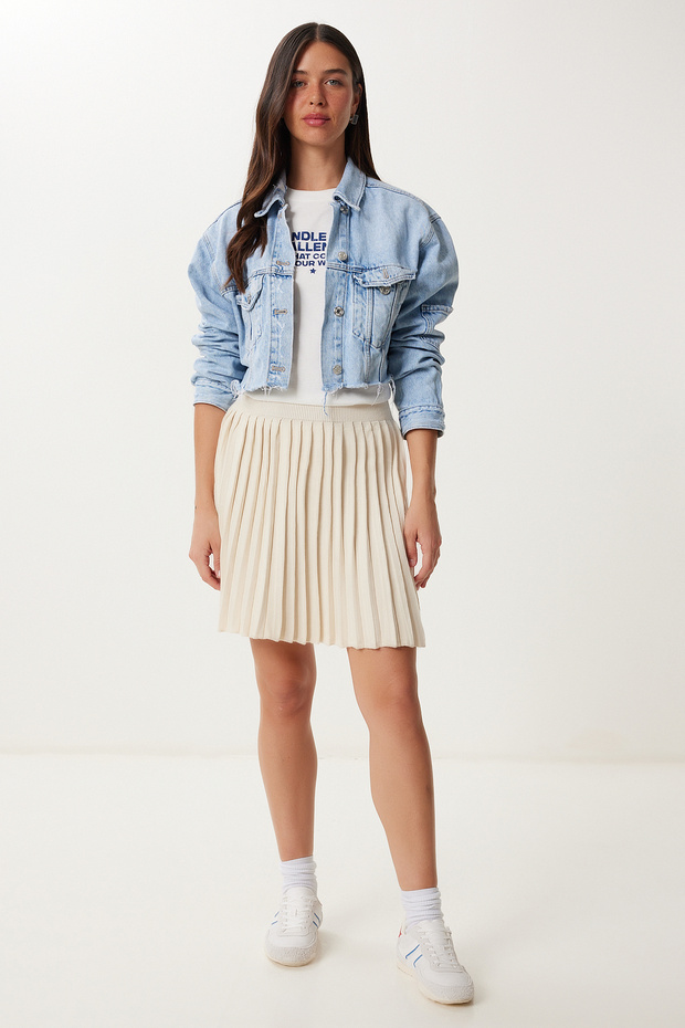 Women's Cream Pleated Mini Knitwear Skirt Pf00114