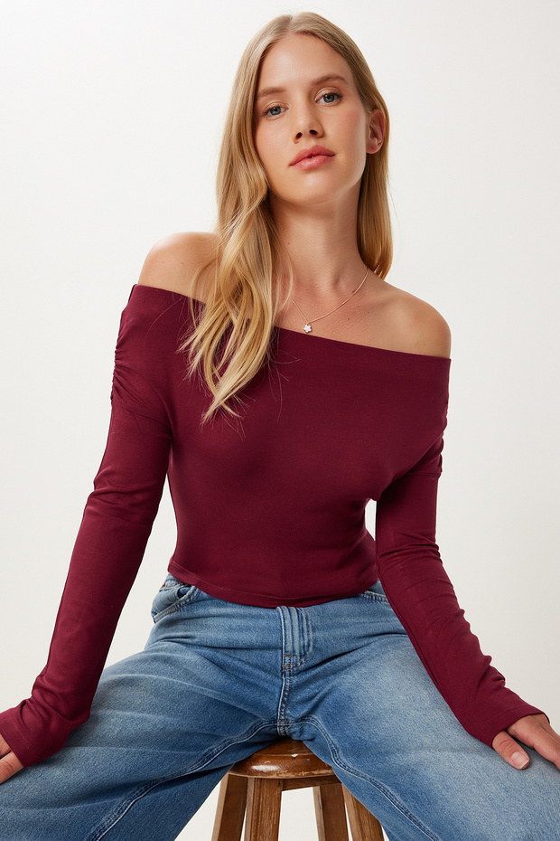 Women's Burgundy Gathered Boat Neck Crop Blouse Ub00422