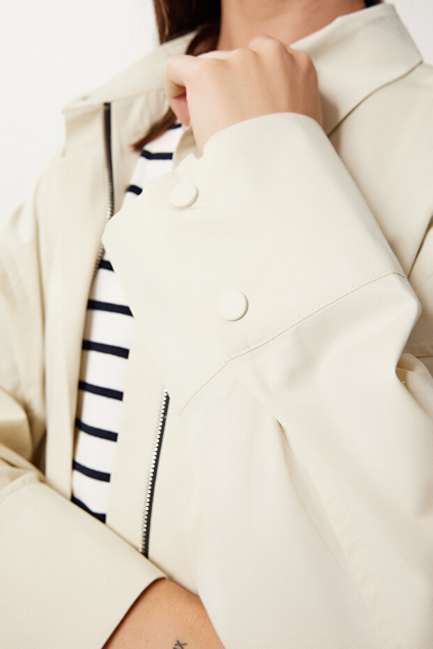 Cremefarbener, übergroßer, gewebter Trenchcoat für Damen mit Reißverschluss FG00052 - 6