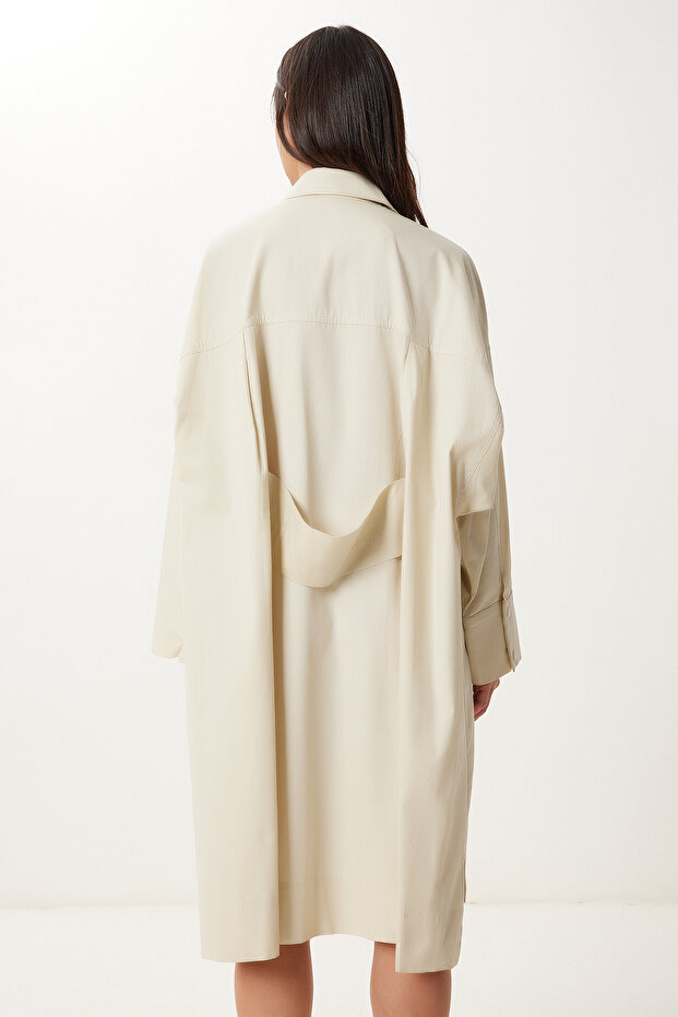 Cremefarbener, übergroßer, gewebter Trenchcoat für Damen mit Reißverschluss FG00052 - 8