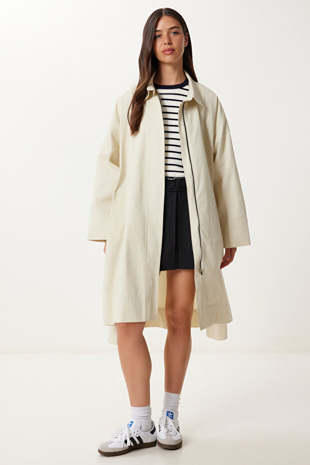 Cremefarbener, übergroßer, gewebter Trenchcoat für Damen mit Reißverschluss FG00052 - 1